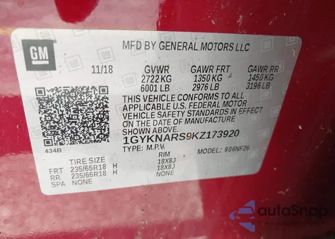 2019 Cadillac Xt5 Standard from USA, damaged, VIN 1GYKNARS9KZ173920